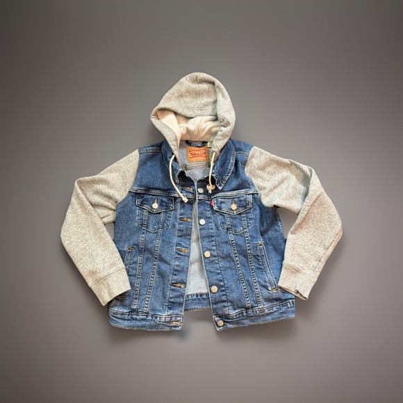 Levi's Hybrid Denim Trucker Hoodie Jean Jacket Blue Womens L Large Levi Strauss - Picture 1 of 9